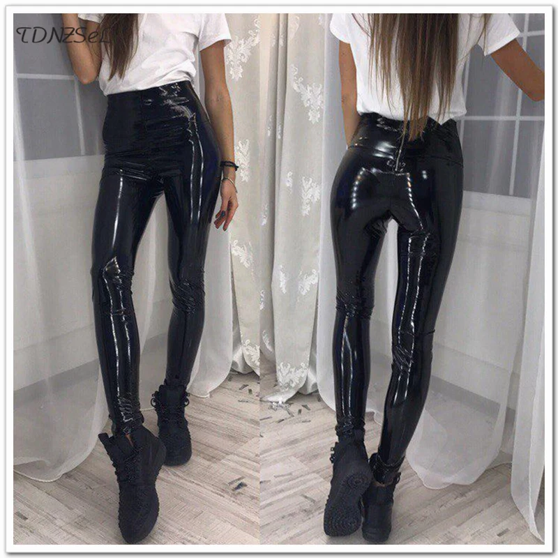 

2019 Sexy Black PU Leather Skinny Pencil Pants High Waist Women PVC Shiny Push Up Hip Leggings Trousers Casual Slim Streetwear