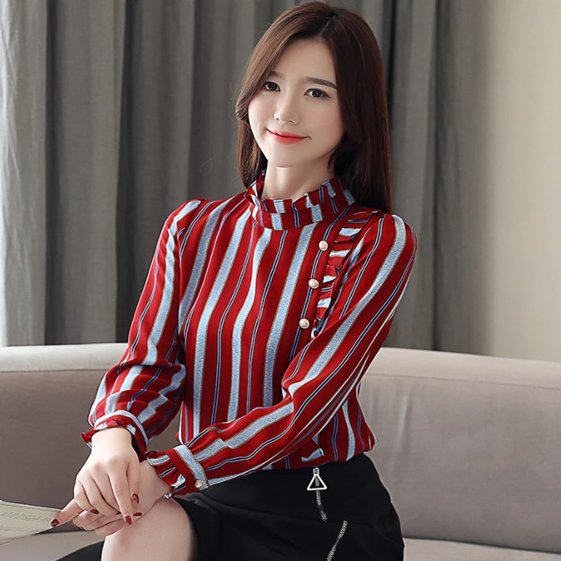 

Women Striped Blouses 2019 Spring Fashion Office Work Wear Blouse Korean Chiffon Blouse Ladies Long Sleeve Stand Collar Shirts