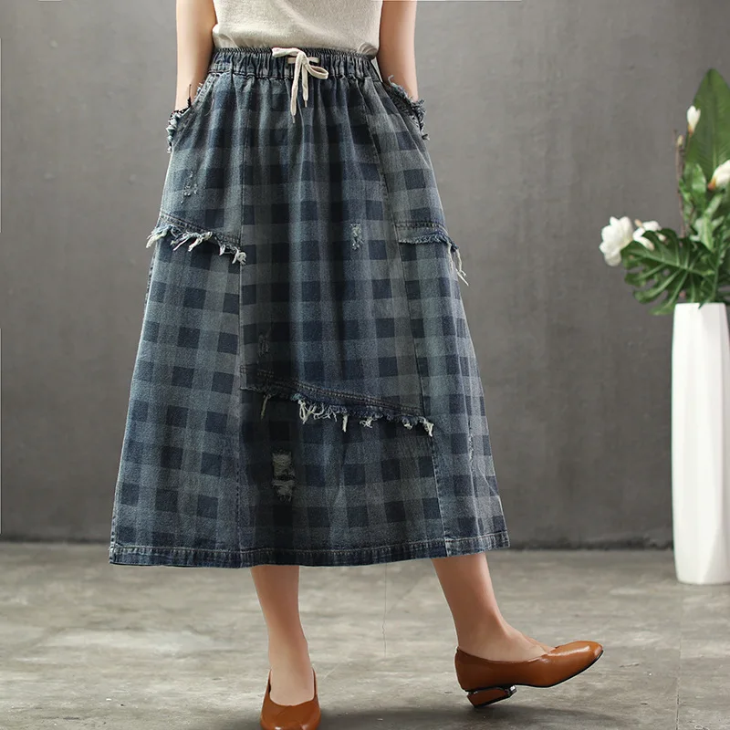 

NINI WONDERLAND Spring Cowboy Plaid Casual Skirts Patchwork Denim Summer Tassels A-line Skirts 2019 Casual Midi Skirt Vintage