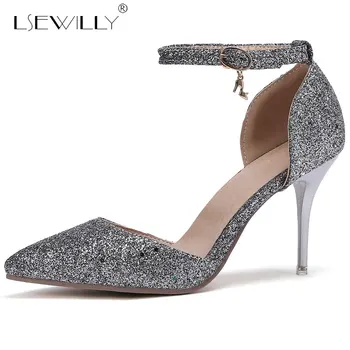 

Lsewilly Fashion Buckle Bling Pumps Women Elegant Thin High Heels Point toe Party Wedding Shoes Woman Red Sliver Black E462