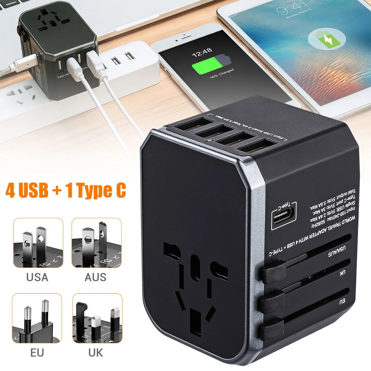 

Worldwide Universal Travel Adapter Electric Plugs Sockets Converter EU/UK/US/AUS Plug with USB Type C AC Power Charger Adapter