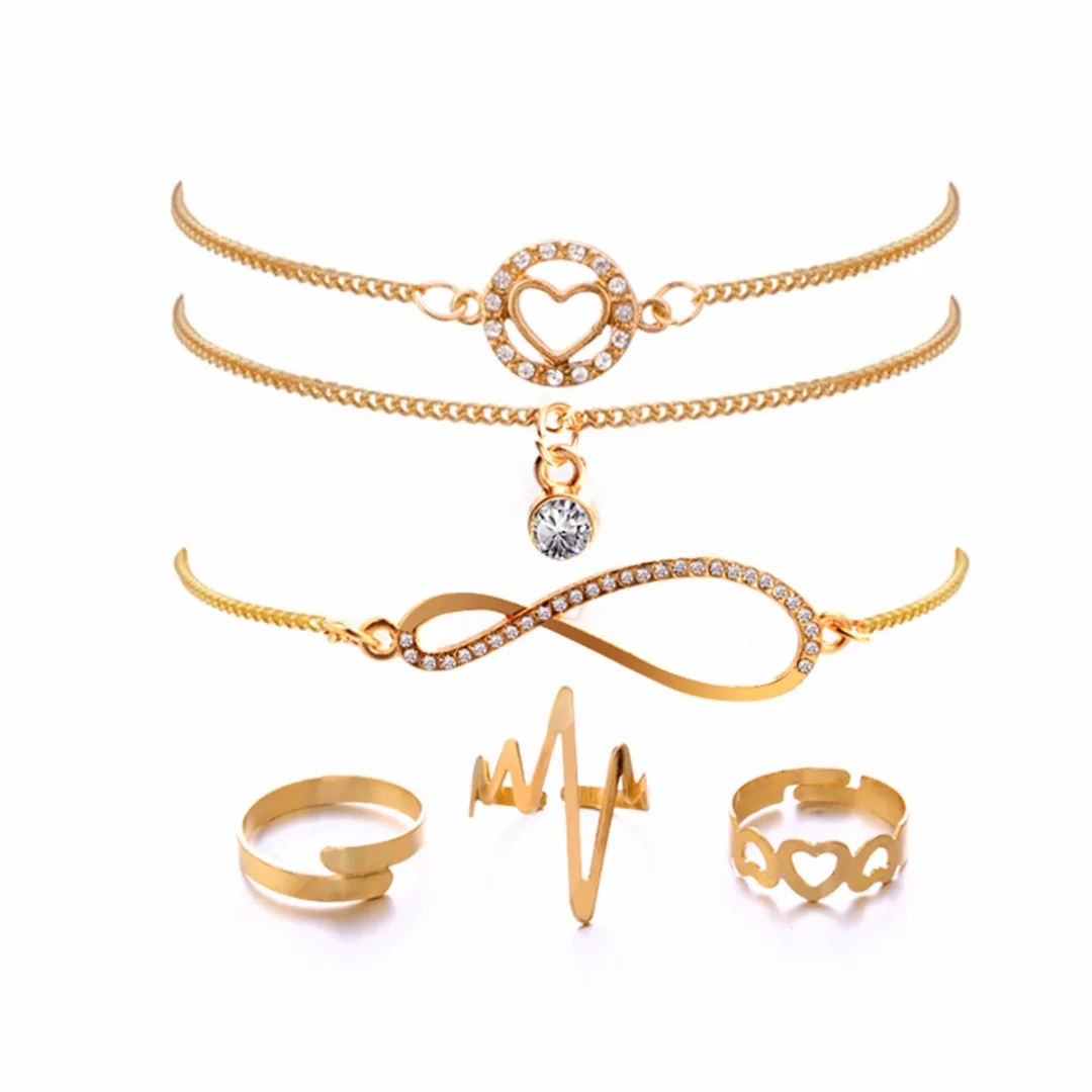 

Vintage Party Jewelry Set Sexy Women's Gold Crystal Heart Bowknot Bracelet and Ring Sets Pulseira Feminina Anillos