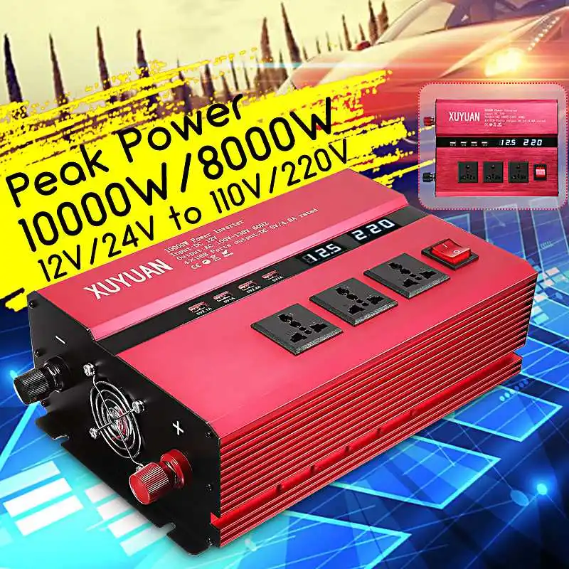 Solar Power Inverter 10000W Power Sine Wave Converter DC 12V 24V To AC 220V