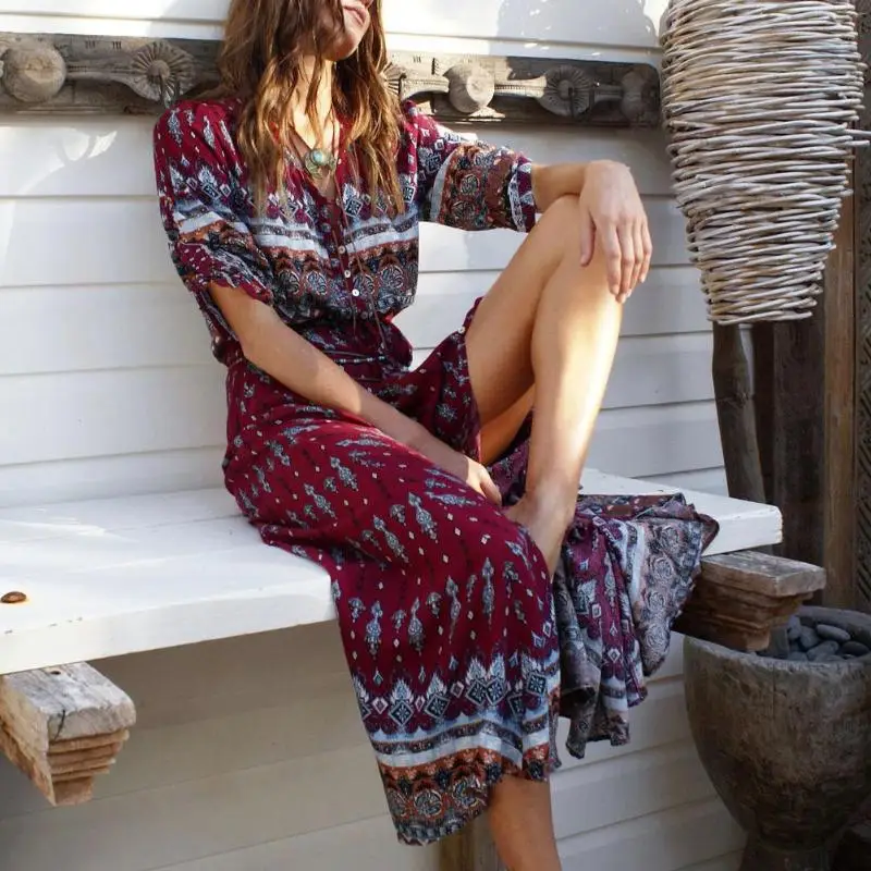 Najtaniej Artystyczny nadruk sukienka z dekoltem w serek trzy czwarte wiosna jesień kobiety kwiatowe nadruki retro sukienki Hippie Chic Boho Boho powołanie odzież