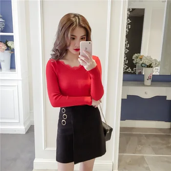 

Women Sweater High Elastic Solid V-neck 2018 Fall Winter Patchwork Lace Sweater Women Slim Sexy Bottoming Knitted Pullovers