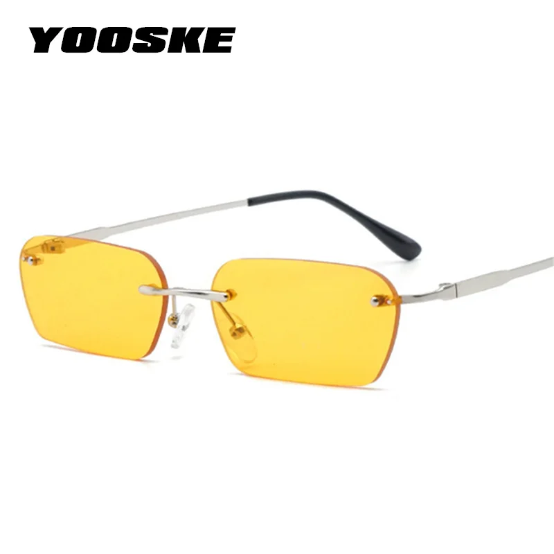 

YOOSKE rimless sunglasses women luxury brand designer cat eye sun glasses men vintage retro square small sunglass black yellow