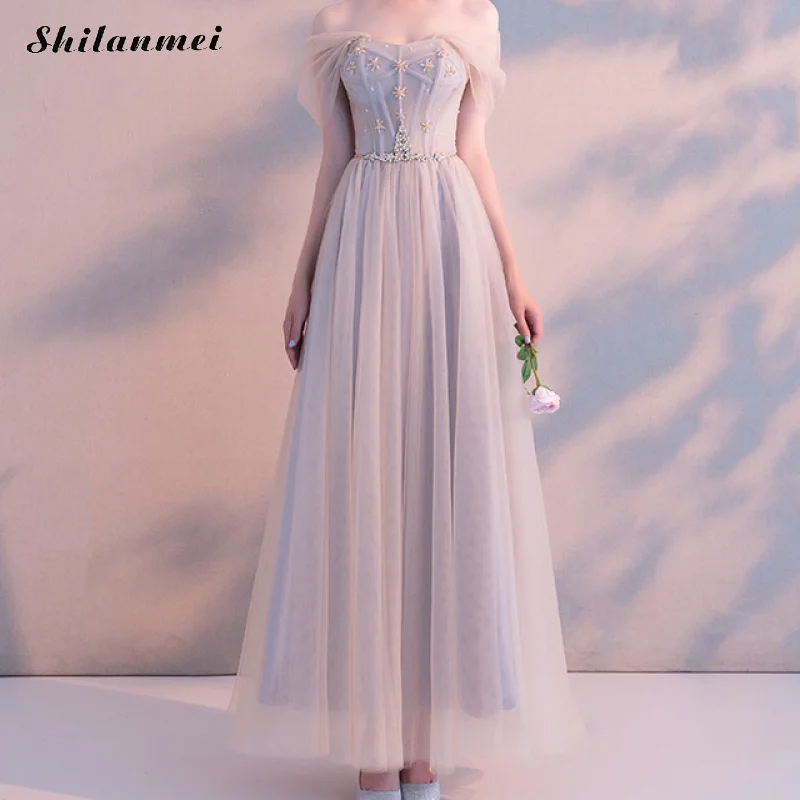 

2019 Fashion Elegant Woman Summer Dress Off Shoulder Slim Ankle-Length Solid Light Gray Long night Dress party Dress
