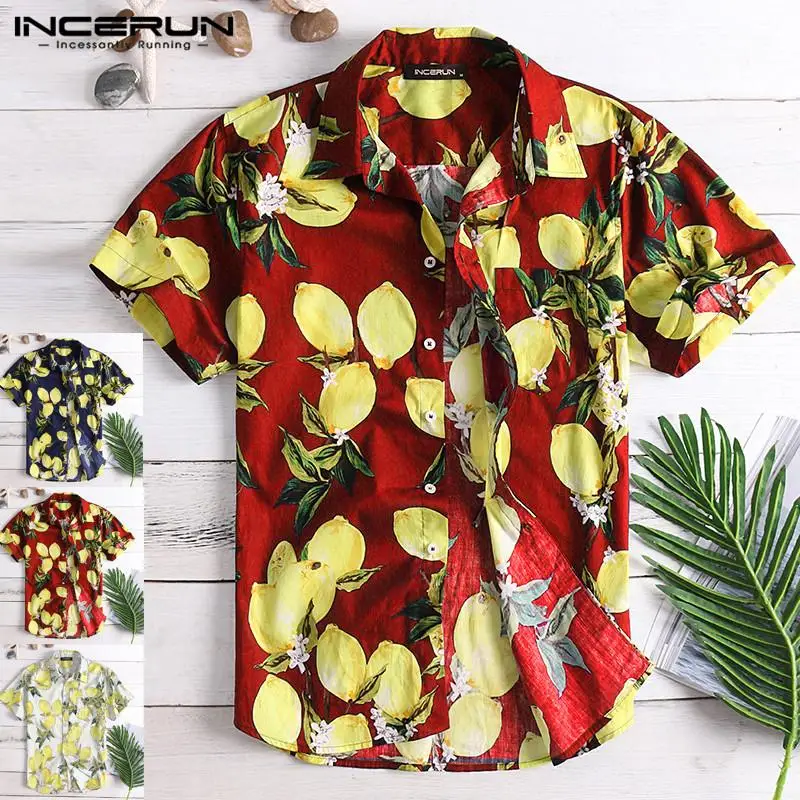 Мужская пляжная гавайская рубашка с лимонным принтом, хлопковая Кнопка короткий рукав, топы летние Camisa мужские рубашки в стиле кэжуал INCERUN уличная одежда