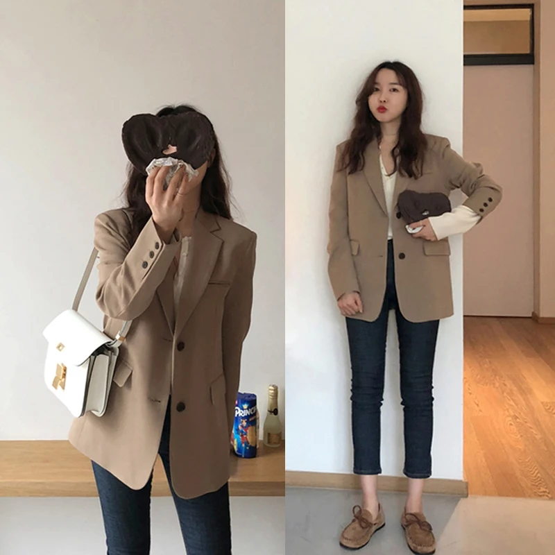 Women Blazer Single Breasted Regular Length Solid Notched Pockets Full Sleeve Korean England Style
