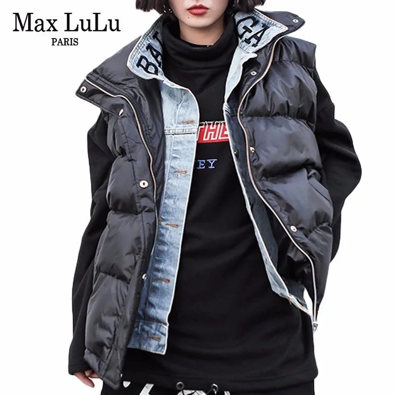 Coréenne Dames Denim Lulu Manteau Noir Hiver Puffer Gilet Style Chaud Streetwear Femme Patchwork De Femmes Luxe Max Rembourré hQrtsd