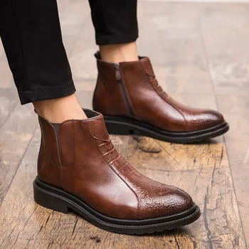 

Fashion Leisure Men Boots Ankle Round Toe Platform Punk Motorcycle Boots Low Winter Casual Lace up Outdoor Shoes