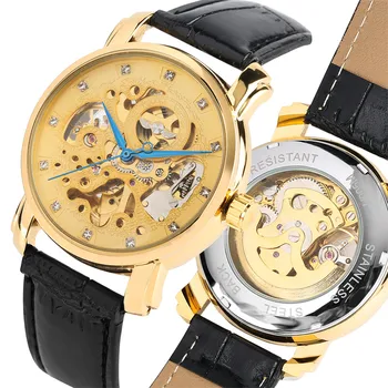 

Mechanical Men Watch Automatic Timepiece Genuine Leather Wristwatch Crystal Dial Skeleton Men's Watch Business Casual Clock