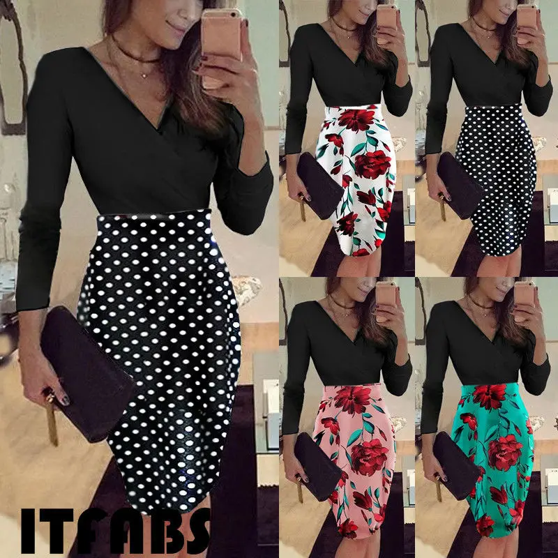 2018 New Elegant Women 3/4 Sleeve Floral Dot Printed V-Neck Midi Pencil Dress Evening Vintage Party Bodycon Empire Vestido | Женская