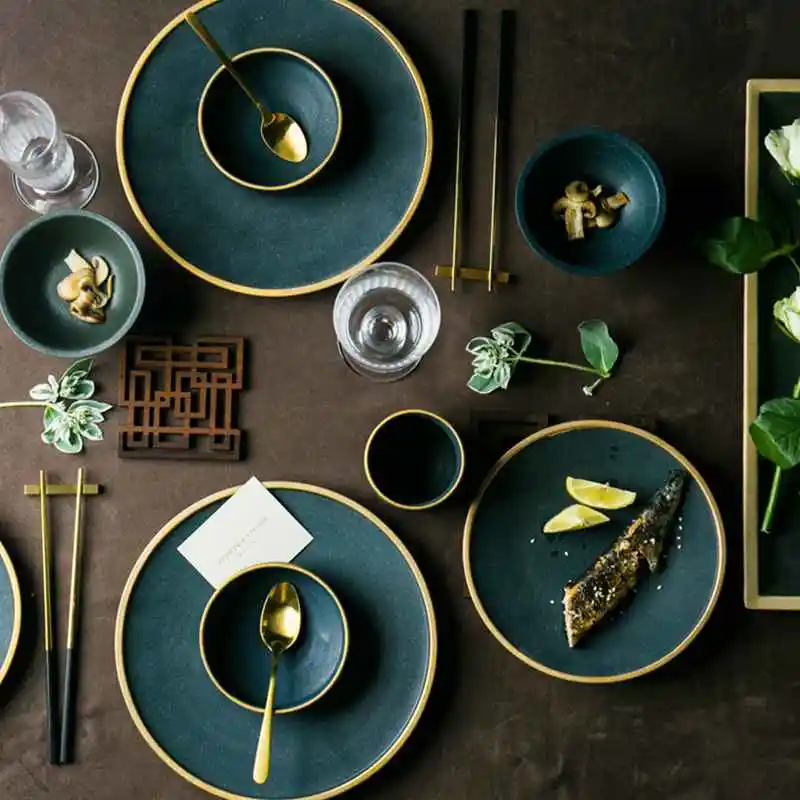 

Ceramic Gold Inlay Plates Steak Food Dish Nordic Style Retro Tableware Bowl Ins Dinner Plate Cup High End Dinnerware Set