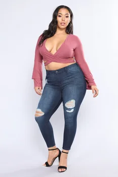 

Fashion High Waist Hole Jeans Woman Autumn Large Size 2XL-7XL Leisure Slim Elastic Waist Ladies Vintage Pants Women Jeans