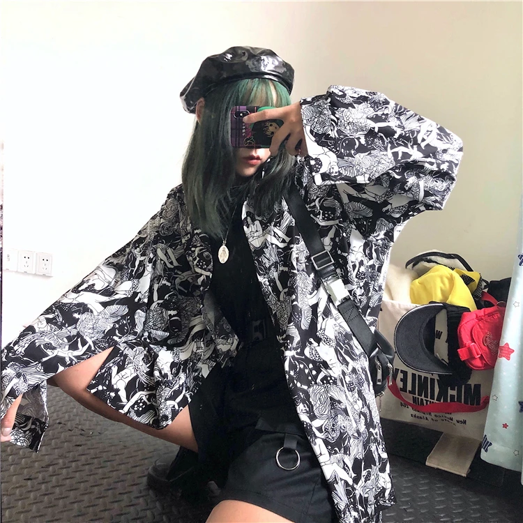 

New Women's Clothing ulzzang korean harajuku cartoon print turn-down collar fashion loose casual full tops thin Shirts Jackets