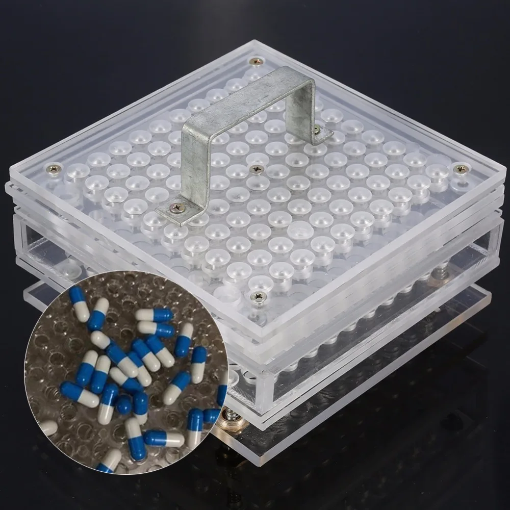 

100 Holes Hand Manual Capsule Filler Acrylic Filling Machine With Powder Spreader Filling Plate Tool #0 #00 #000 #1 #2 #3 #4 #5