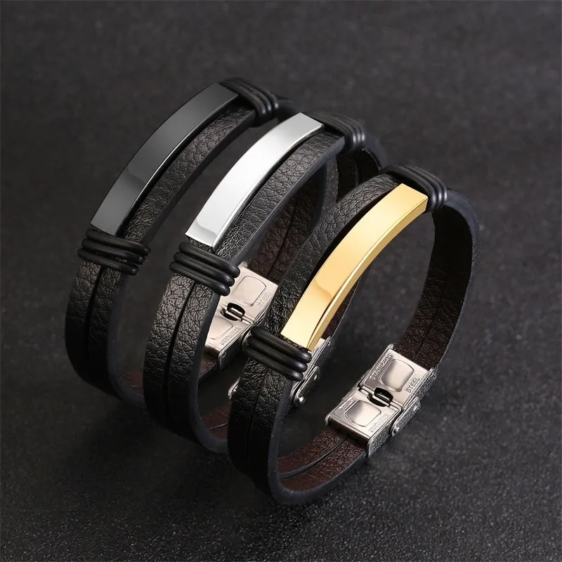

Vnox Mens Black Leather Bracelets Personalized Engraving Customize Info pulsera masculina 8.07"