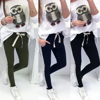 

USA Women High Waist Drawstring Elastic Casual Pants Ladies Lace Pencil Trousers