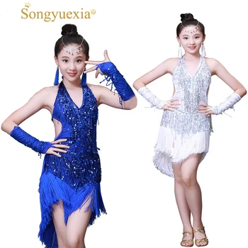 

SONGYUEXIA Children Latin Dance Skirt A Juvenile Lading Dance Clothing Show Girl Tassels Paillette latin dance dress