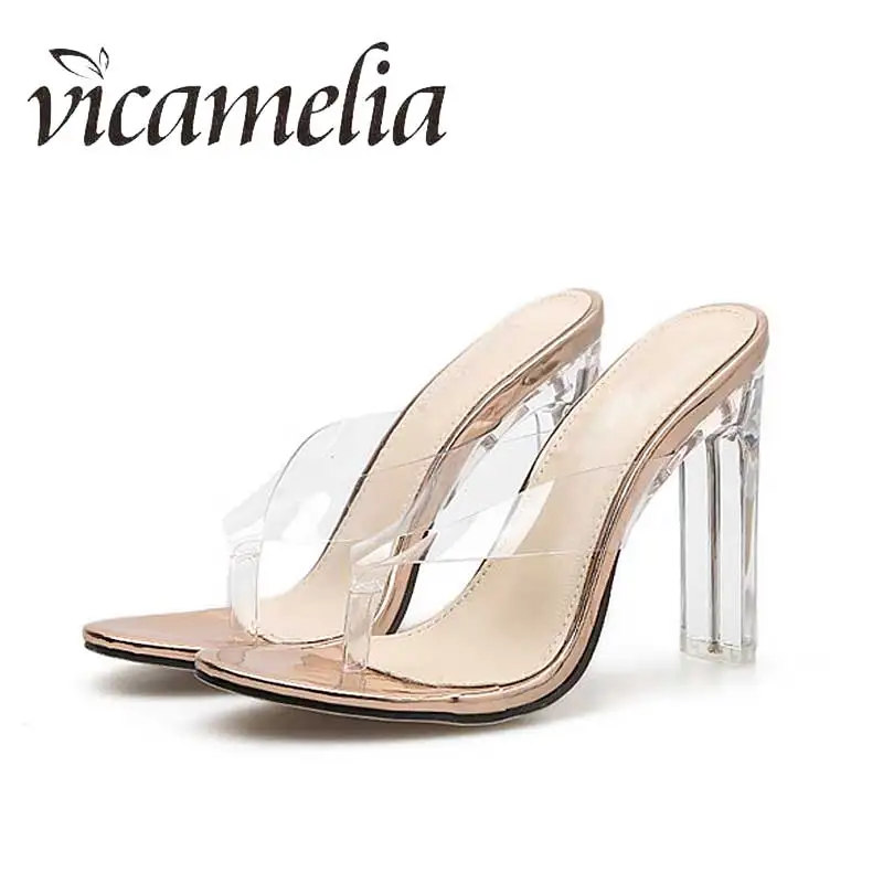 

Vicamelia Woman Transparent Crystal Heels Sandals Flip Flops Open Toe Chunky Heels Slippers Sexy Ladies Slides Shoes 230