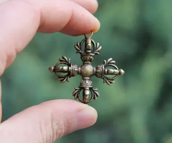 

4.5CM Tibet 100% Pure Bronze 4 Petal Dorje Vajra-pest Amulet Pendant Necklace