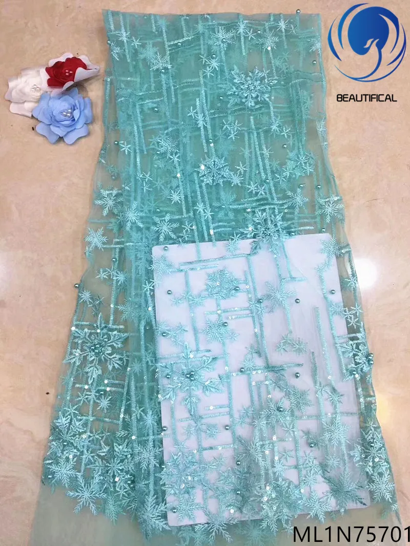 

Beautifical French lace fabric Latest snowflake patterning embroidery net lace with beads 5yards lace sequins fabric ML1N757