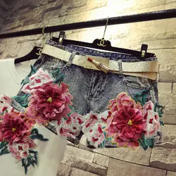 Harajuku сексуальные джинсовые шорты Для женщин Короткие узкие джинсы деним шорты с цветочной вышивкой женские эластичные узкие дикий