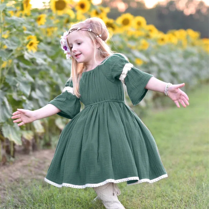 

Green Lace A-Line Dress For Girls Elegant Lady Short Sleeve Pleated Loose Lolita Dresses Princess Evening Party Sundress Vestido