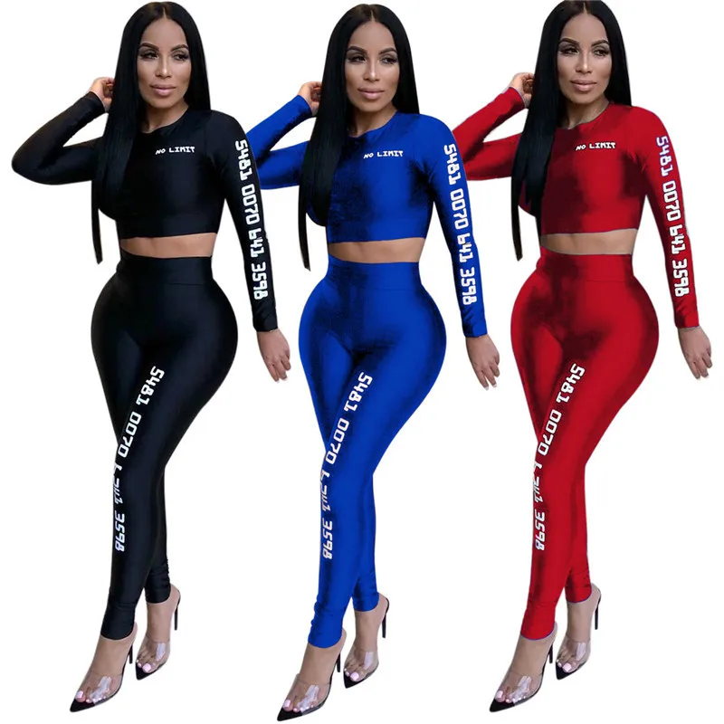 

Autumn Hot 2019 Sexy Letter 3-colors Skinny Jumpsuits Women O-neck Full Sleeve Jumpsuits Ladies 2-pieces Jumpsuits Fashion Cool