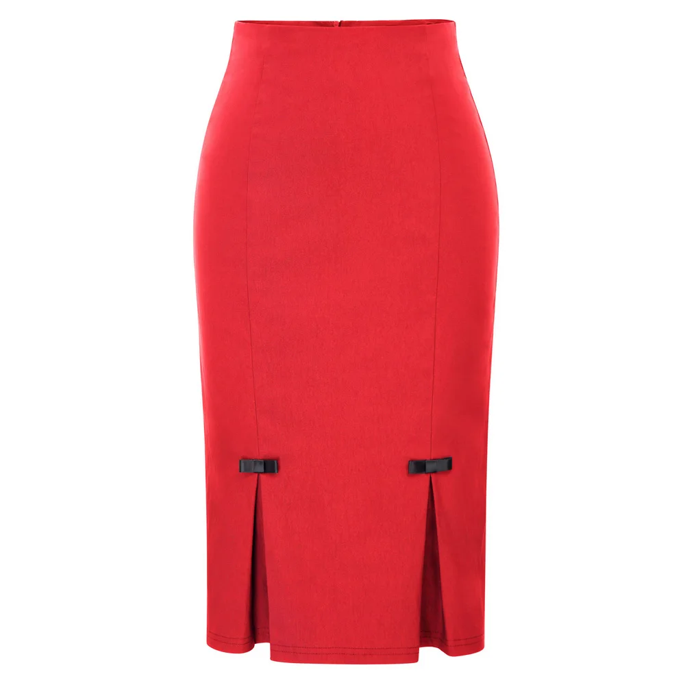 Сексуальные тонкие женские юбки-карандаш красного цвета, высокое качество, повседневные тянущиеся Облегающие юбки средней длины до колена, Женская юбка в стиле ампир OL