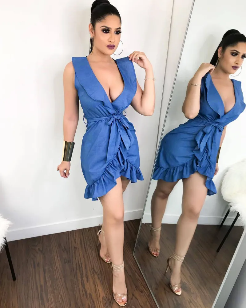 

Summer sexy women's holiday sleeveless deep V-neck denim dress ladies summer ruffled beach beach dress