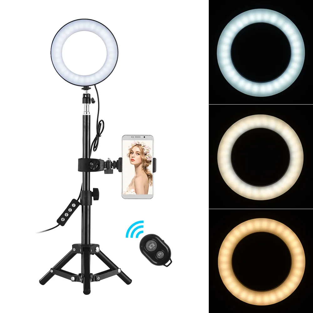 

3000-6000 K 64 pcs Selfie LED Ring Light with Tripod Stand Wireless Remote Control Cell Phone Holder 16.0cm Video Lamp USB Cable
