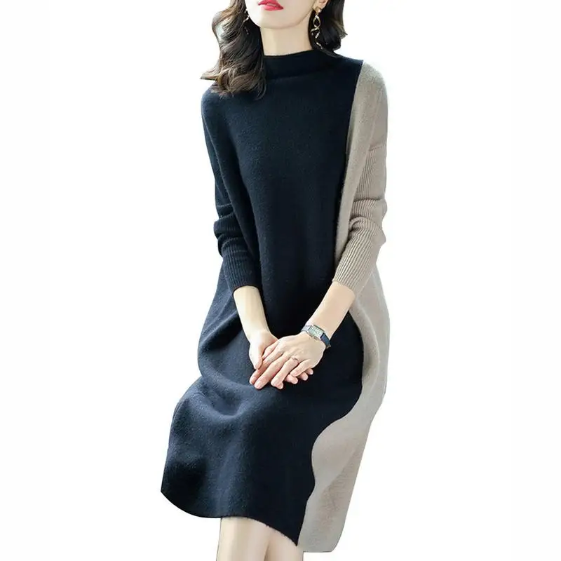 

Spring Autumn 2019 Knit Dress Women Contrast Color Long Sleeve O Neck Elegant Dress Casual Warm Slim Plus Size Bottoming Dress