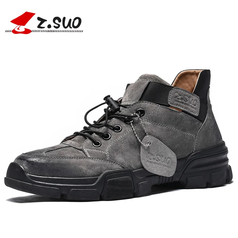 

ZSUO Brand Genuine Leather Men's Casual Shoes Fashion Elastic Lock Laces Sneakers For Men Flat Outdoor Shoes Men Gray Black