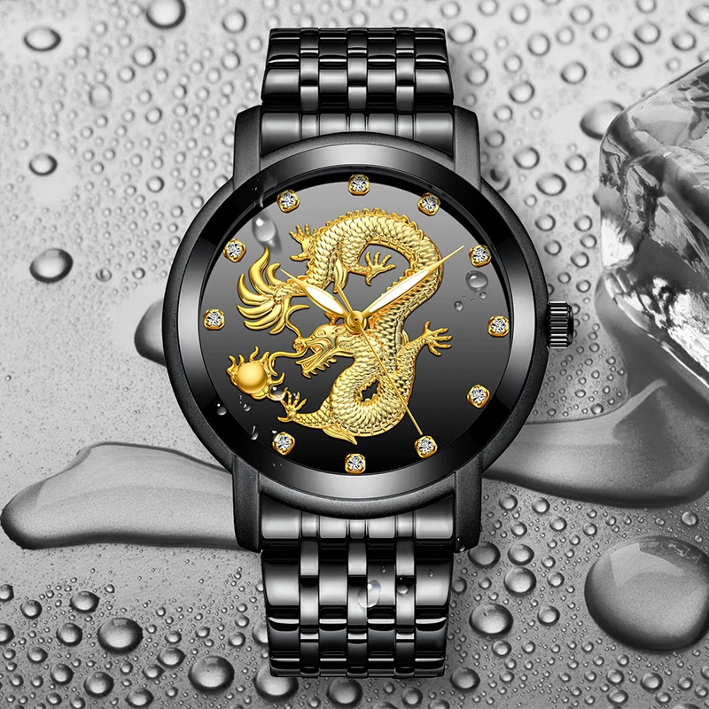 

MEGALITH Luxury Gold Dragon Sculpture Watch Sport Full Steel Waterproof Black Clock relogio masculino