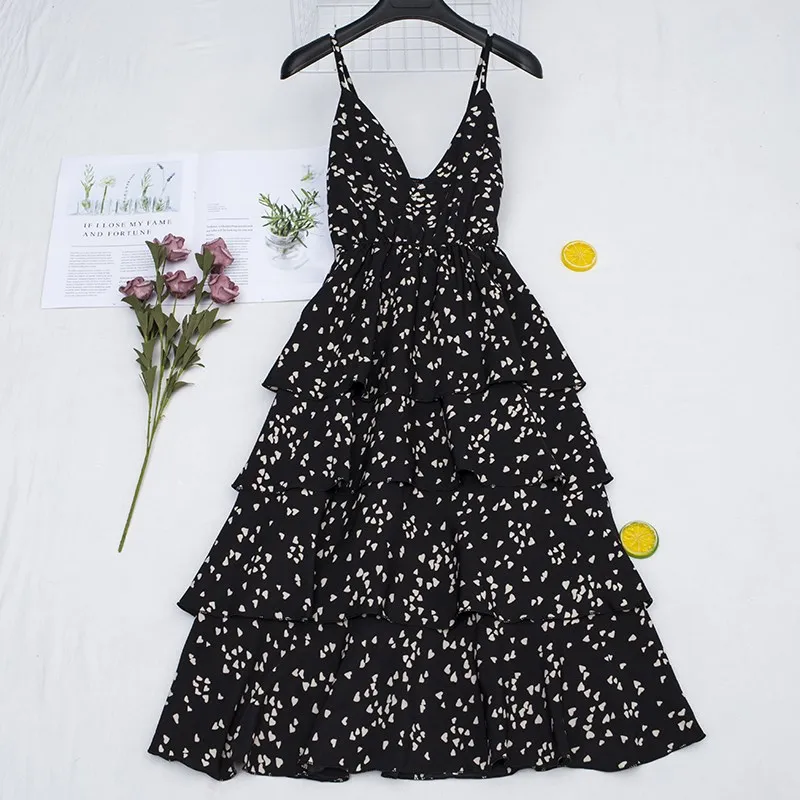

New Holiday Sexy V Neck Summer Dress Women Dot Spaghetti Strap Dress Casual A-Line Black White Red Midi Dress