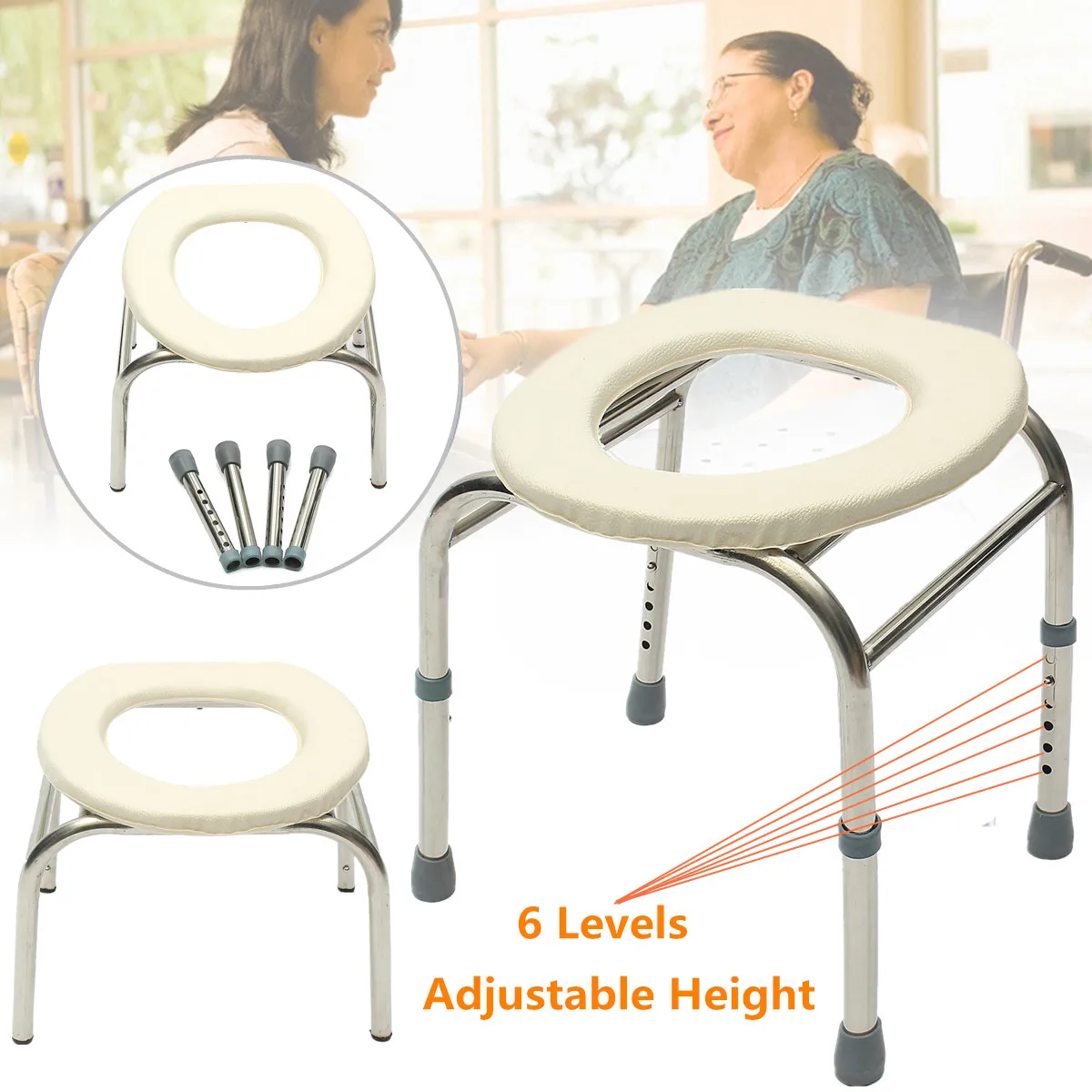 

Stainless Steel Adjustable Height Padded Toilet Potty Chair Seat Stool For Elder Load 100kg Non-slip Design 6 Heights Adjust