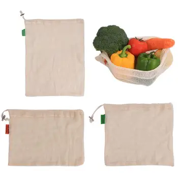 

3 pcs Reusable Vegetable Fruit Net Bags Drawstring Mesh Bag Simple Cotton Storage Net Washable Bag for Home Kitchen Use