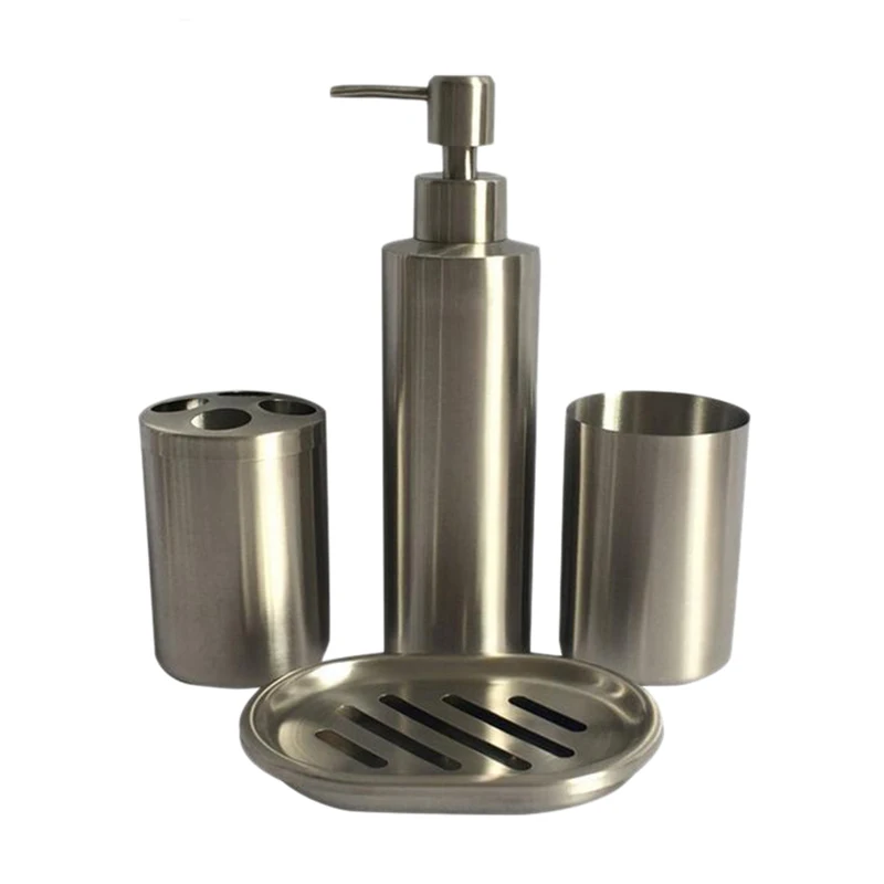 

304 Stainless Steel Bathroom Set Bathroom 4 Piece Set Lotion Bottle Toothbrush Holder Wash Cup Soap Box Bathroom Supplies