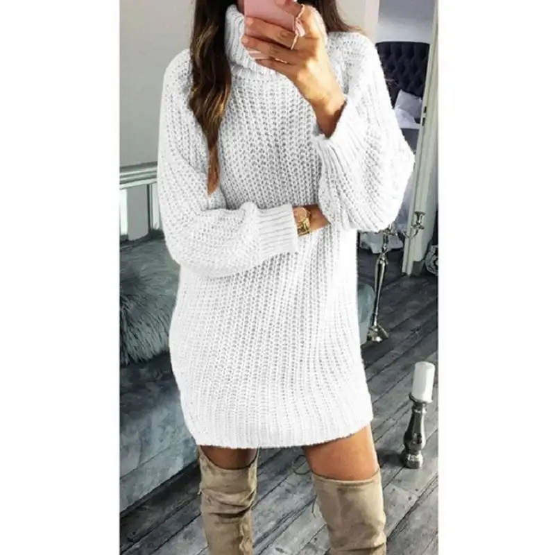 

Turtleneck Long Sweater Dress Women Knitted Mini Dresses Women Long Sleeve Pullovers Female Autumn Dress Casual Jumpers SJ1494X