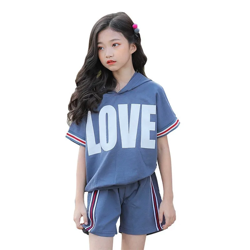 Summer Kids Girl Sport Set Fashion Children Short Sleeve Hoodie+elastic Waist Short School Suit For Girls 5-14Y Teenager Clothes