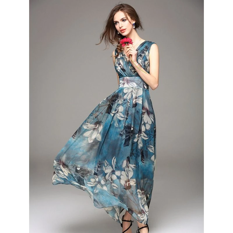 printed high waist and large swing evening dress