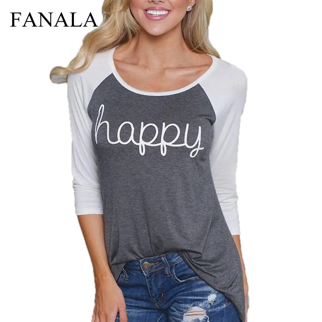 

2019 New Women Casual Raglan Sleeve O-Neck Tee Shirts Patchwork Letter Print T-Shirt Slim Spring Autumn Gray Ladies Tops