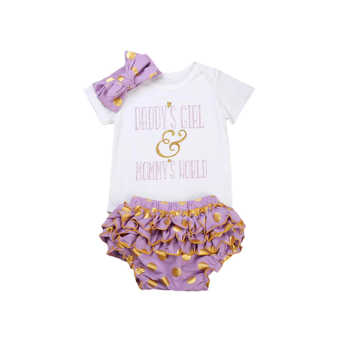 

3 pieces daddys girl mommas world Print Short sleeve Bodysuit,Ruffled Bloomers with Headband Set For Baby Girl