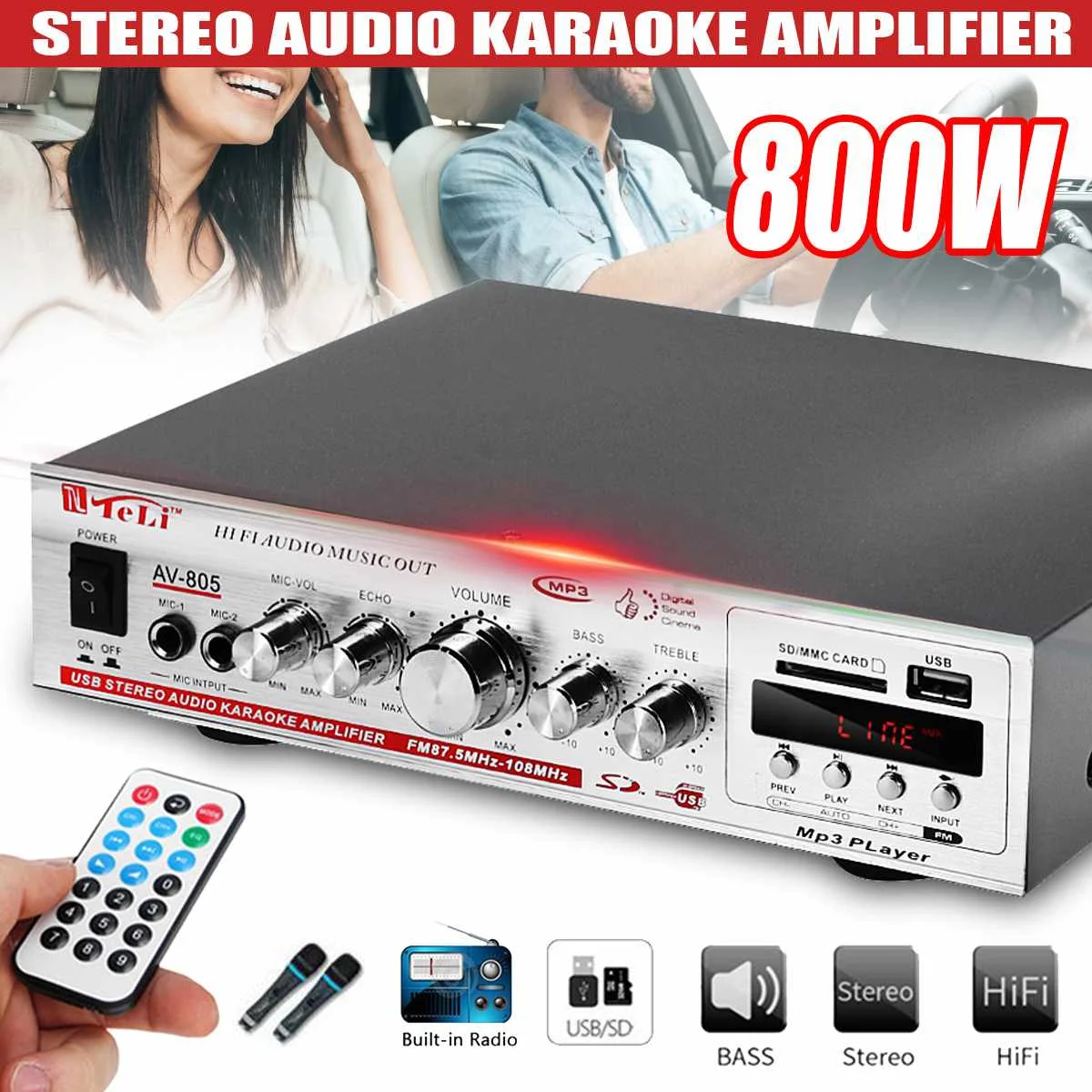 800W 220V 12V 2CH HIFI font b Car b font Amplificador Stereo Power Audio Amplifier FM