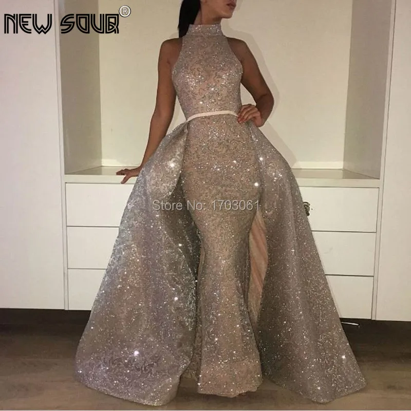 

Glitter Dubai Evening Dresses Detachable Skirt Prom Dress Arabic Aibye Formal Gowns Handmade 2019 Robe de soiree New Party Gowns