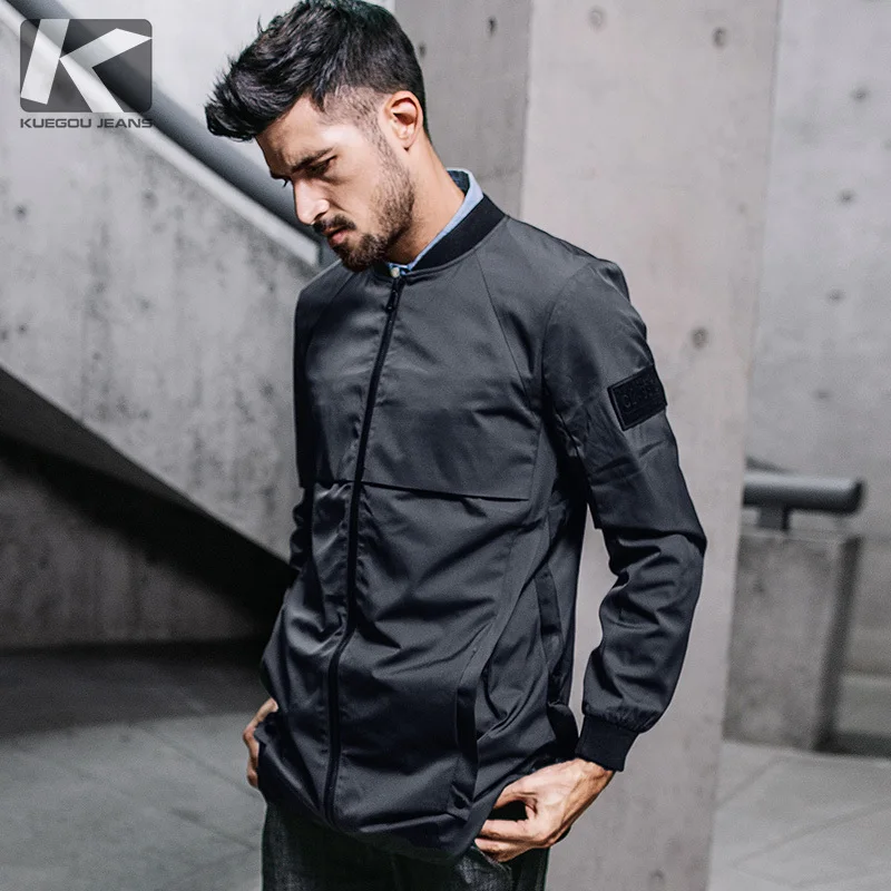 

KUEGOU New Autumn Mens Hooded Trench Spliced Letter Gray Long Coats Clothing Man's Slim Overcoat Male Windbreaker Jackets 3832