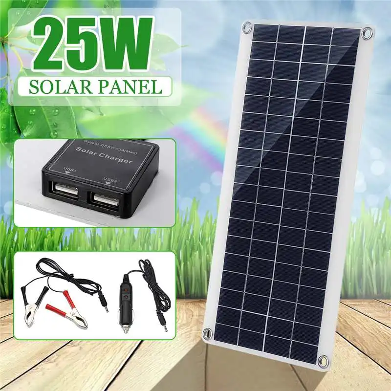 Acheter Portable 25W 12V panneau solaire Double USB batterie externe conseil batterie externe charge solaire panneau de cellule Crocodile Clips chargeur de voiture