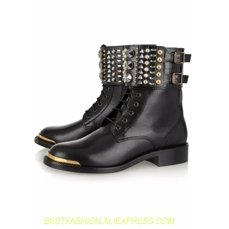 

Plus Size 45 Handmade Rivets Shoes Woman Low Heels Summer Ladies Boot Metal Zipper Round Toe Footwear Fashion Chelsea Boots Shoe